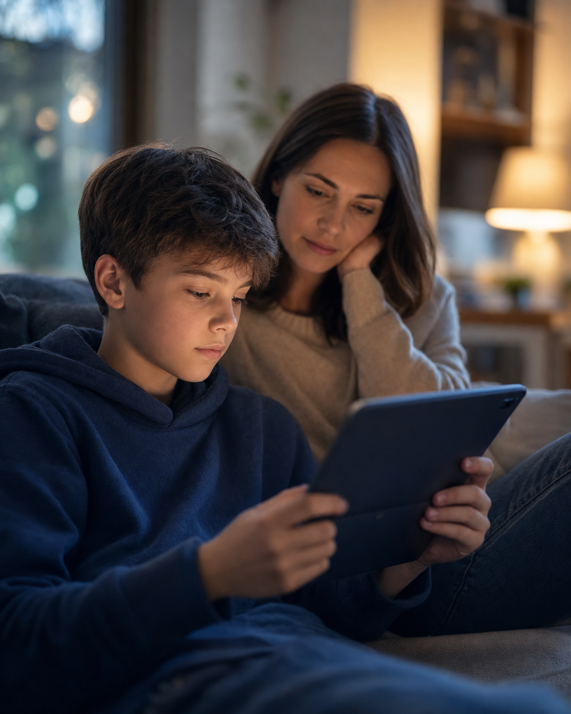Child using a tablet with concerned parent nearby