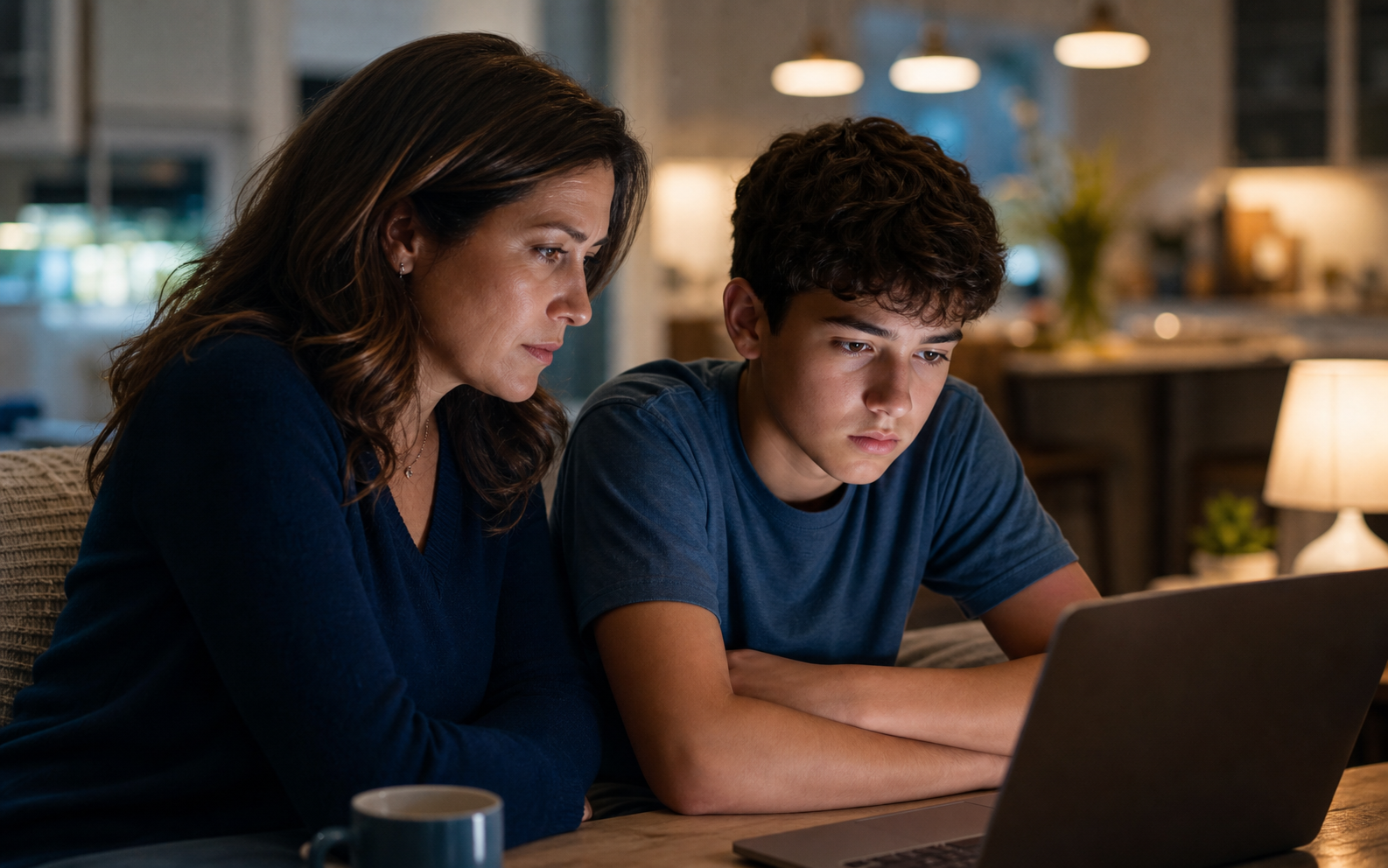 Concerned parent and teen reviewing online activity on a laptop